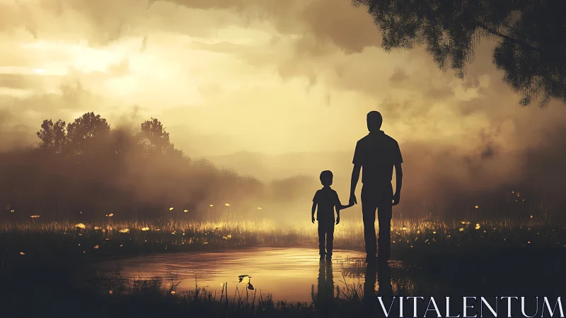 Silhouetted parent and child by reflective sunset pond.