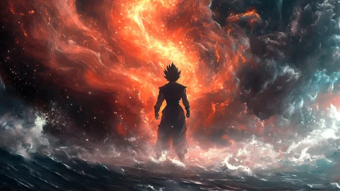 Warrior silhouette facing cosmic firestorm over ocean.