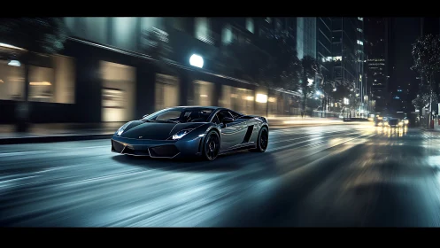 Midnight supercar powers through cinematic wet city streets.