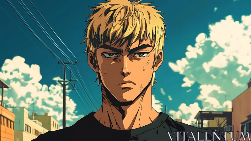 Sunlit blond teen stands determined under a wide summer sky