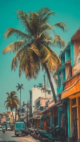 Sunlit palm trees watching over a colorful city street.