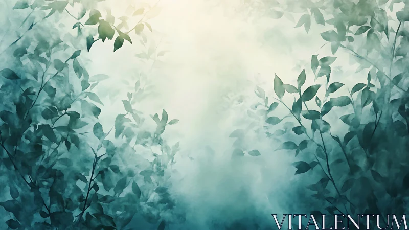 Dense leafy foliage silhouettes in diffused misty light.