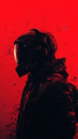 Lone astronaut silhouette against stark crimson void