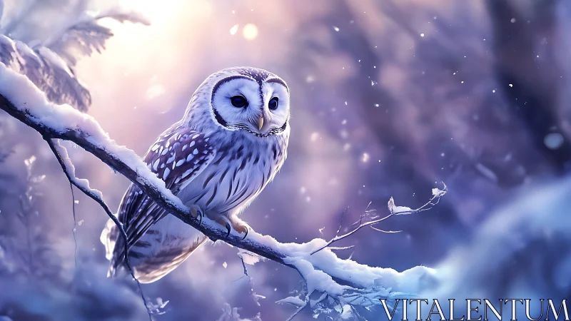 Majestic owl perched on snowy branch, dreamy winter forest scene.