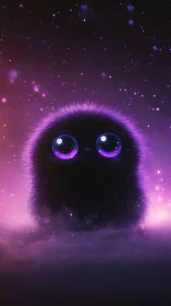 Cosmic fluffy creature gazes with glowing violet eyes.