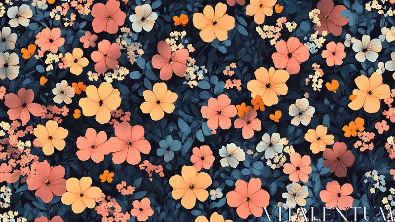 Botanical digital composite: Polychromatic floral field with navy foliage base layer