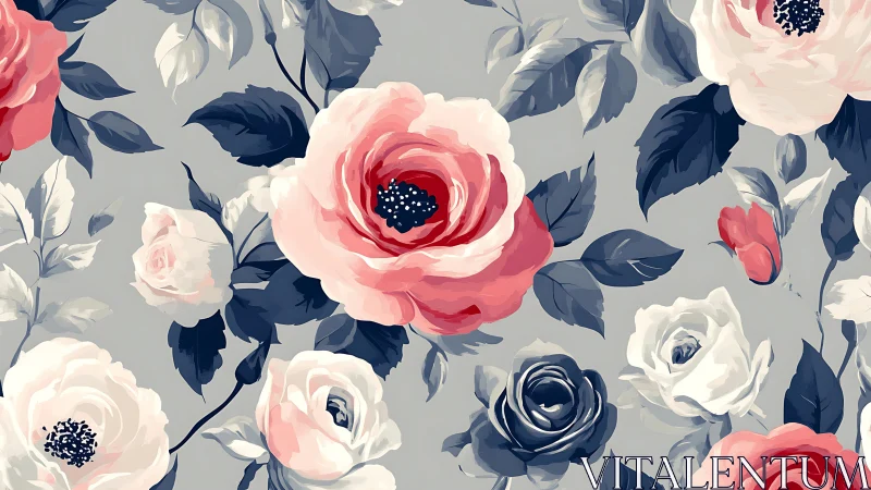 Floral botanical pattern with roses in coral and navy.