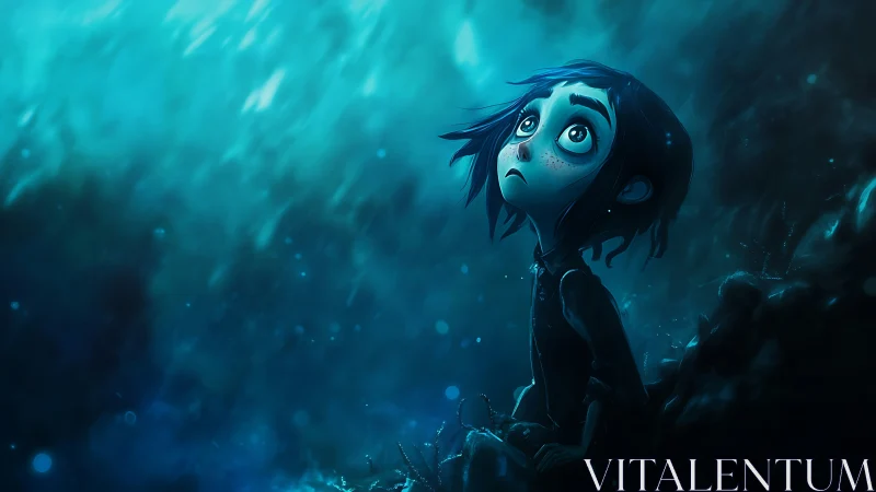 Cinematic digital painting of pensive child in teal gloom.