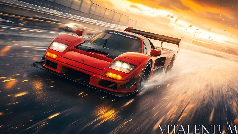 Scarlet race car cutting through sparks on wet speedway at dusk.