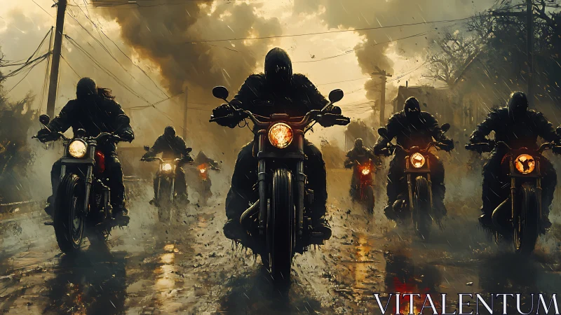 Cinematic biker convoy in stormlit dystopian streetscape.