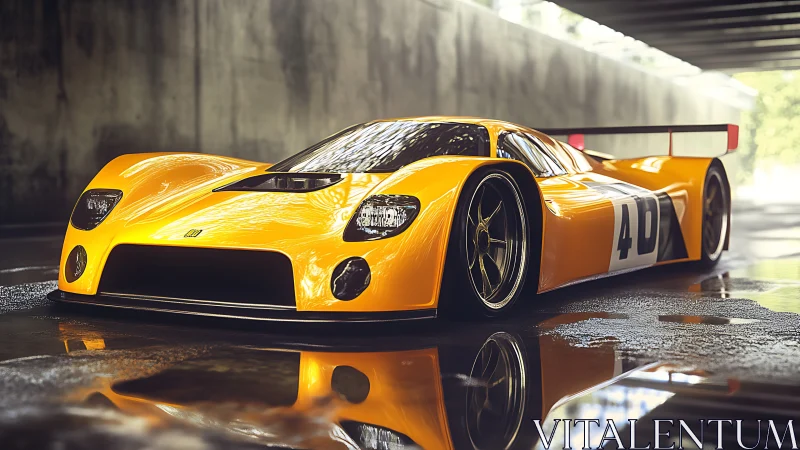 Low-slung yellow endurance race car reflects on wet tunnel floor