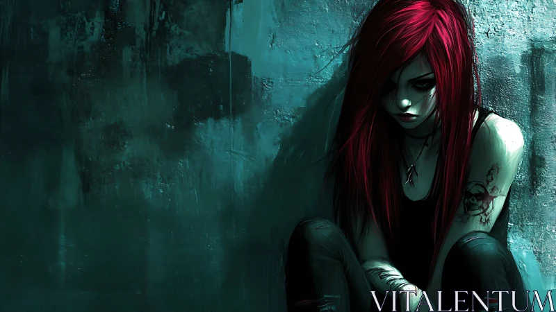 Crimson-haired rebel folds herself into the concrete gloom