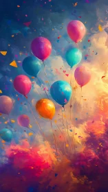 Multicolored Balloons Rising Through Layered Cloud Formation