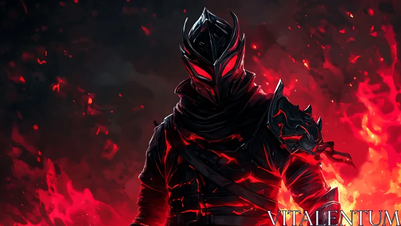 Armored dark figure stands amid red flames in profile