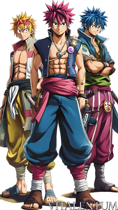 Trio of anime warriors in asymmetrical adventure gear.