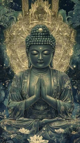Celestial Buddha in luminous teal and gold serenity.
