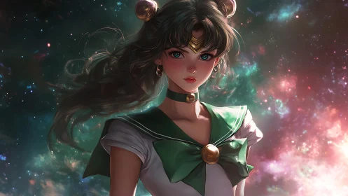 Celestial-themed anime heroine stands before nebula field