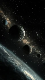 Planetary alignment above clouded horizon in deep space.