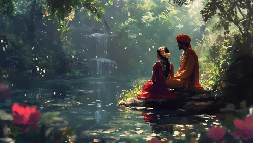 Couple sits by forest pond under soft light near waterfall