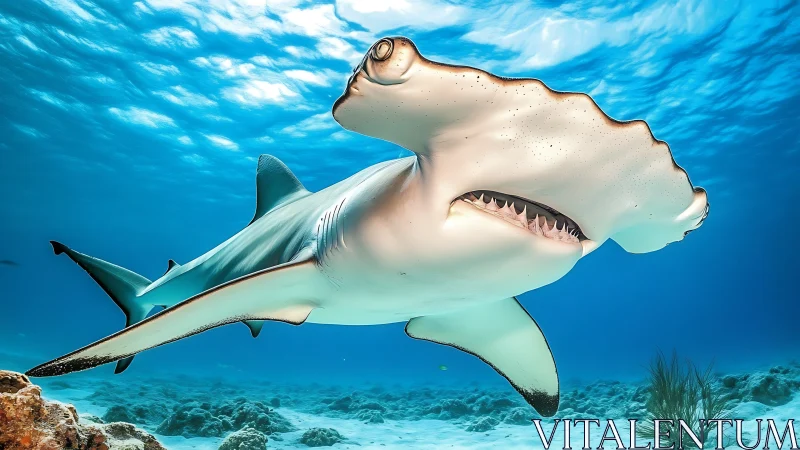 Photorealistic hammerhead shark in dynamic reef perspective.