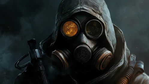 Hooded gas mask soldier stares through cracked amber lens