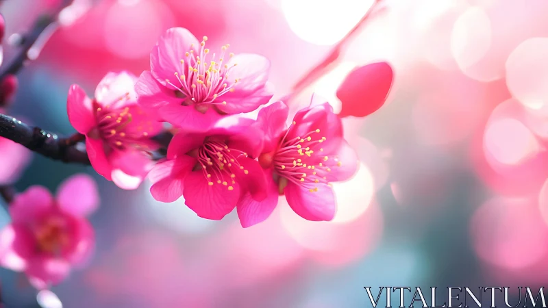 Magenta Peach Blossoms with Golden Stamens on Bokeh Background.