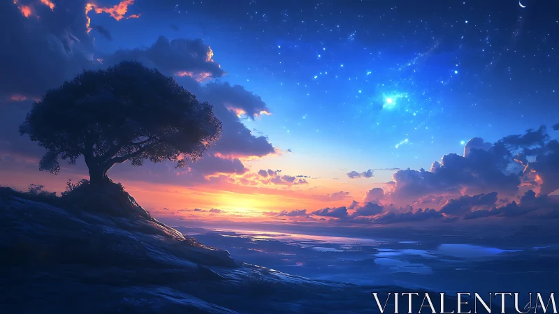 Solitary hilltop tree lingers between starlight and sunrise