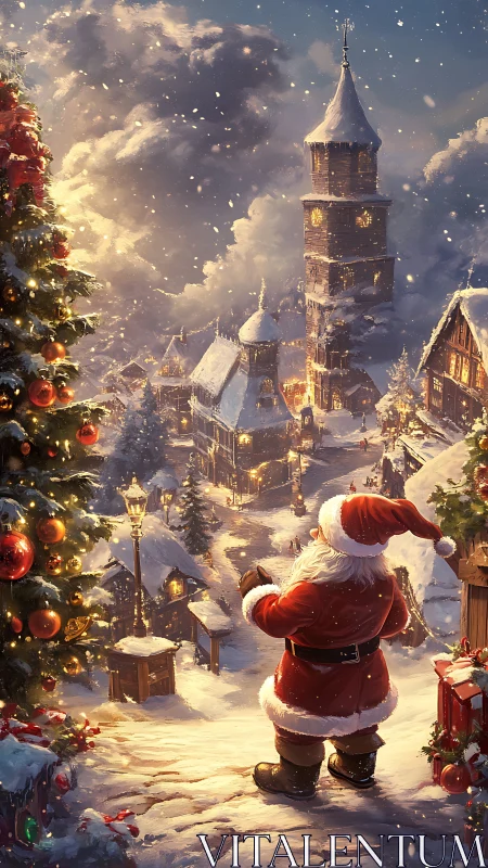 Santa surveys illuminated alpine village in snowy twilight.