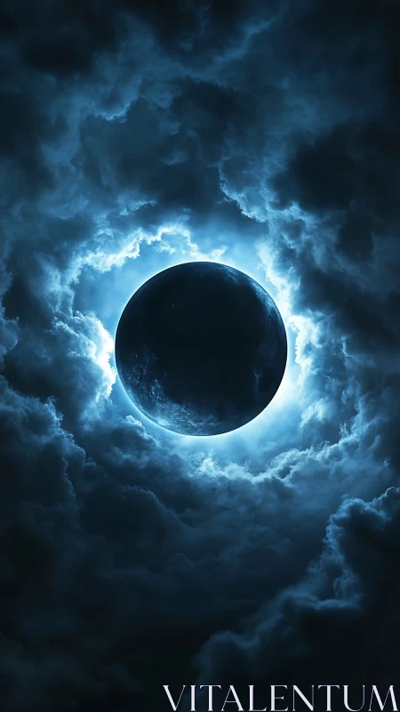 Lunar eclipse sphere emerges from luminous storm cloud vortex