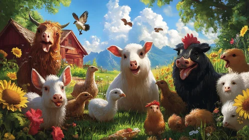 Smiling barnyard animals gather in a vibrant sunlit pasture