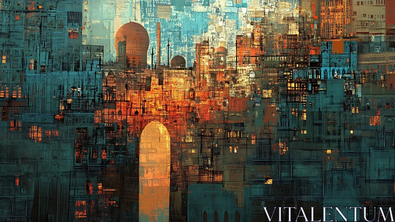 Glowing archway city fuses labyrinthine blocks and warm light