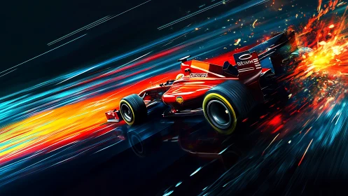 Rocket-red formula racer shredding neon nighttrack trails.