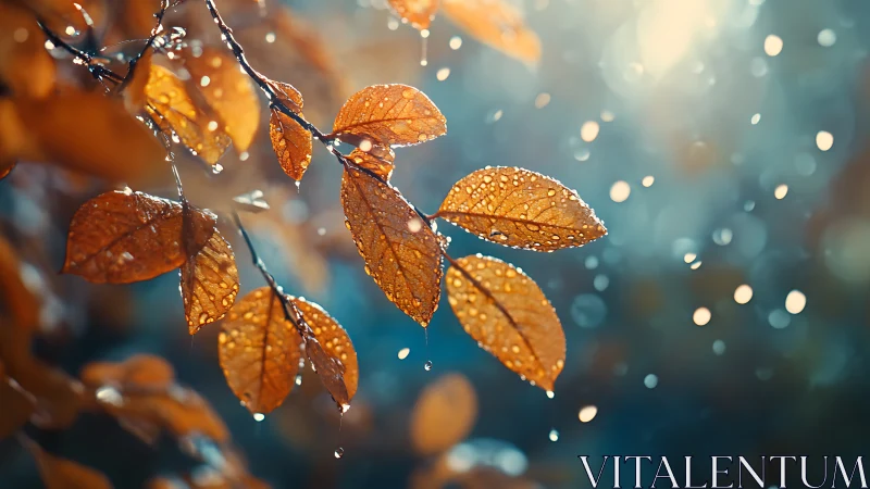 Backlit autumn leaves with raindrop-laden surfaces in shallow focus