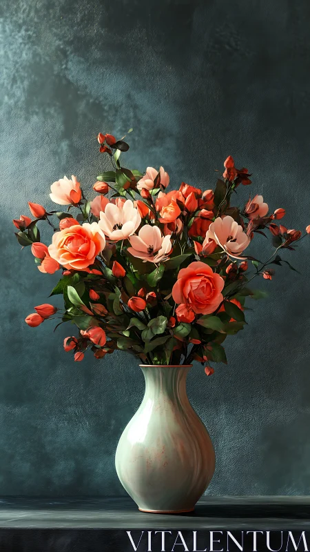 Coral Rose Radiance: Lush Blooms Dance in Cream Vase