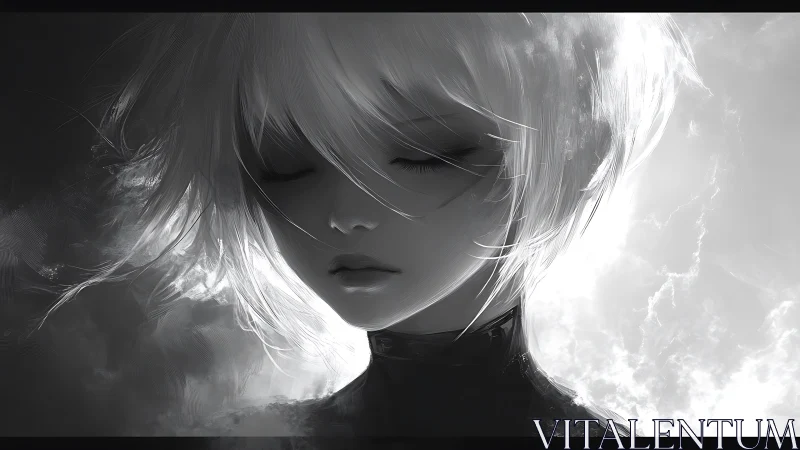 Monochrome android portrait in high-key volumetric lighting.