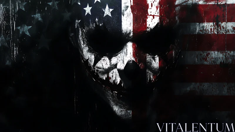 Grim skull emerges from a weathered American flag backdrop.