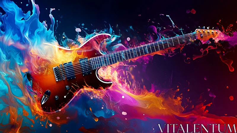 Electric guitar blazing through swirling liquid color storm.