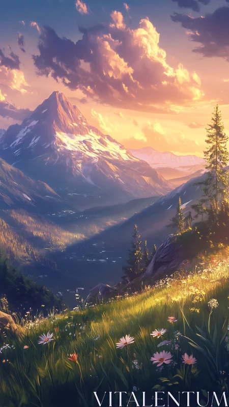 Sunlit wildflowers gossip beneath a glowing alpine giant