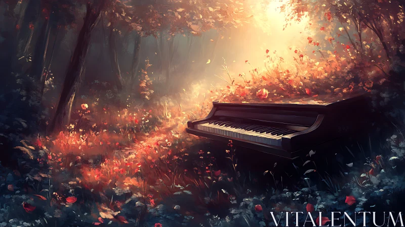 Enchanted forest piano under glowing autumn light.