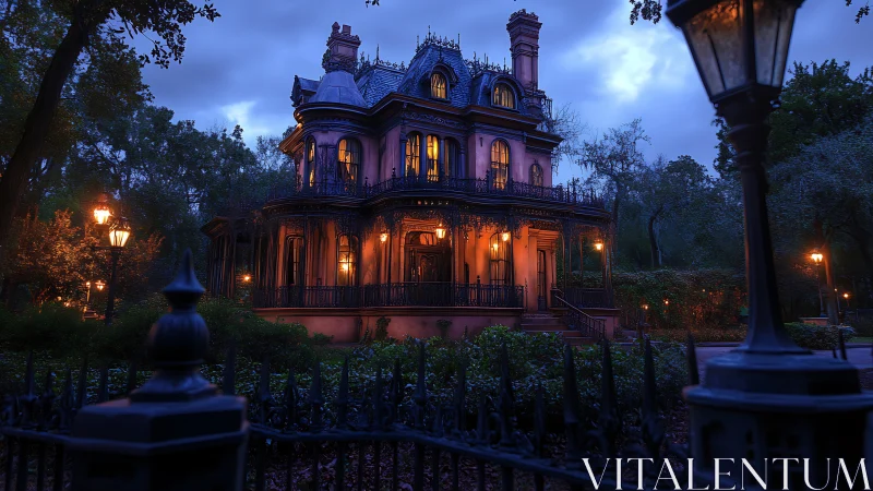 Gothic mansion glows in moody dusk with whispered secrets.
