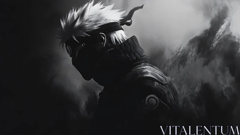 Monochrome ninja silhouette in dramatic side profile.