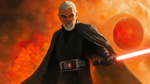 Older male warrior holds red energy sword before orange planet