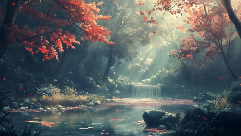 Crimson Canopy Cascade: Where Autumn Whispers Meet Waterfall Serenity.