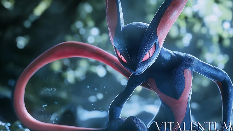 Dark amphibious creature with glowing red eyes in forest