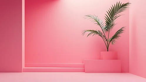 Minimal pink room with green palm on geometric plinths.