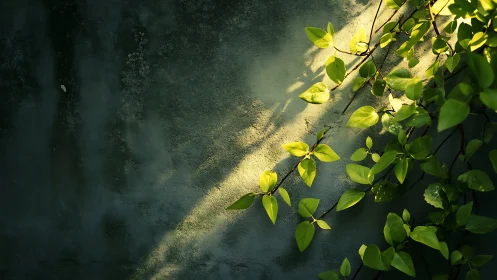 Sunlit green vine climbing a textured dark concrete wall.
