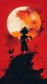 Lone anime warrior beneath a burning painted moon.