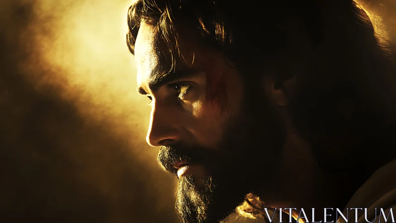 Low key side portrait of bearded man in warm backlight.