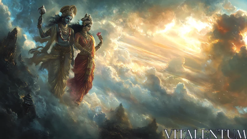 Divine celestial figures stride through radiant storm clouds.