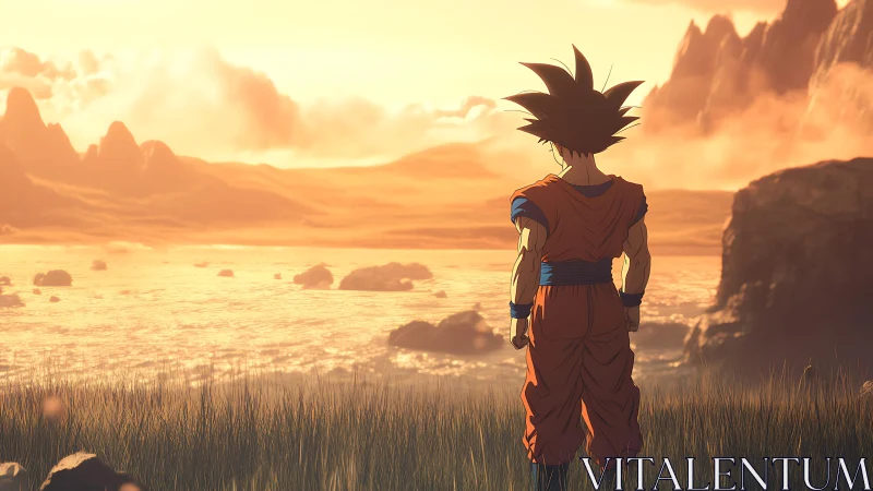 Backlit anime warrior surveying atmospheric coastal horizon.